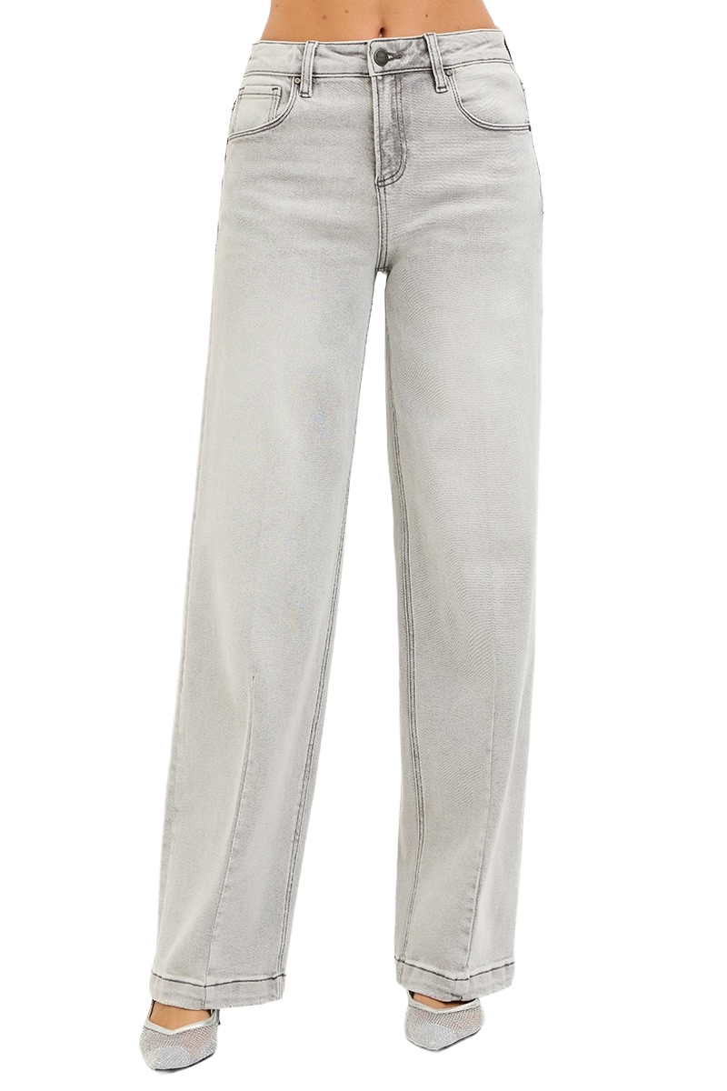 Light grey baggy jeans with button fly, front pockets, wide straight legs