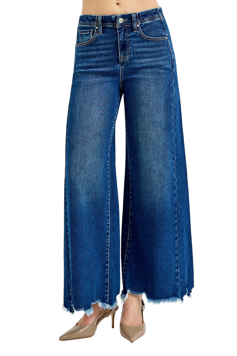 Women’s high-rise wide-leg jeans in dark blue wash denim, front seams and frayed hems