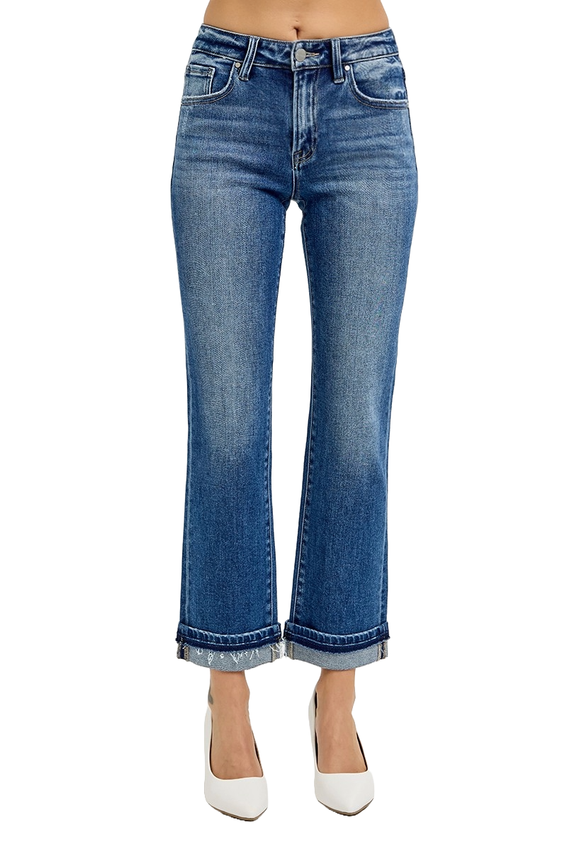 Dreamkue-Risen Women's Mid Rise Ankle Straight Jeans with Cuffed Hem Casual Stretch Denim