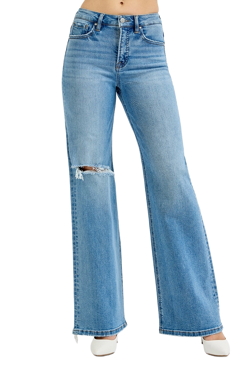 Dreamkue-Risen Women's Distressed Wide Leg Jeans High Waist Stretch Denim