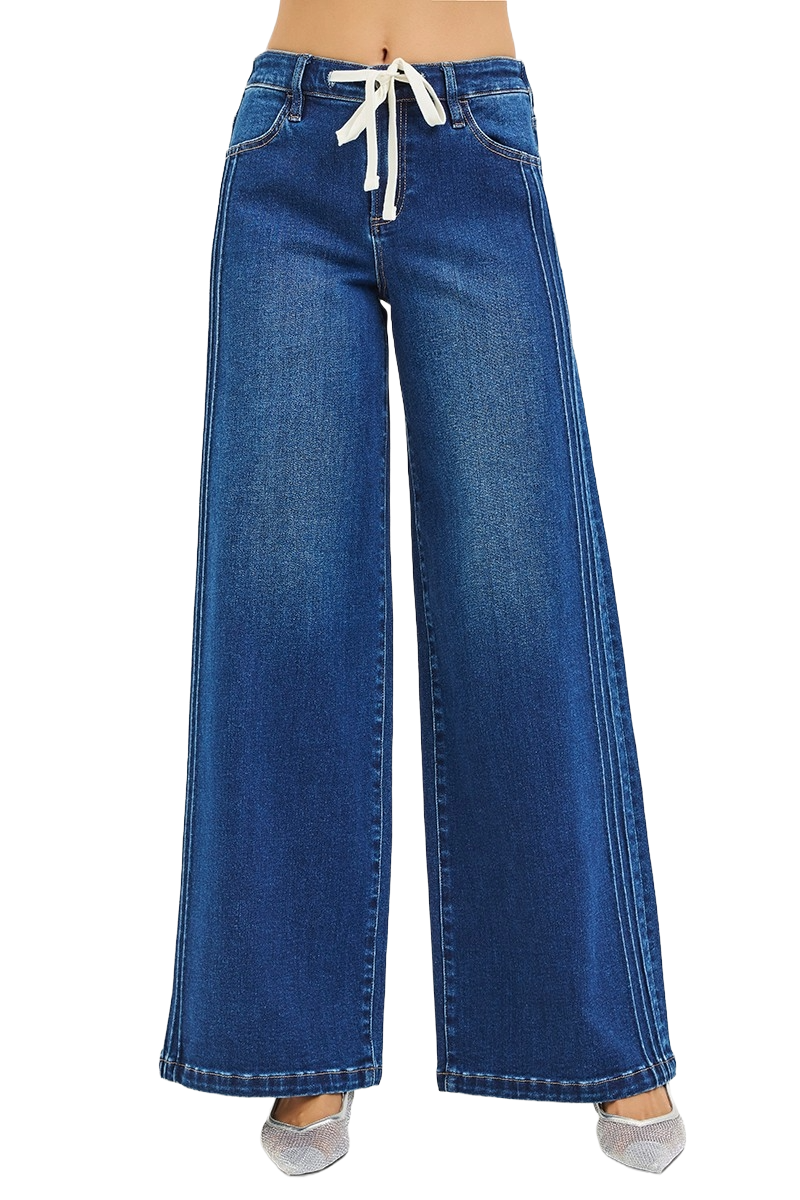 Dreamkue-Risen Women's Mid Rise Wide Side Pintuck Jeans with Front Drawstring Plus Size