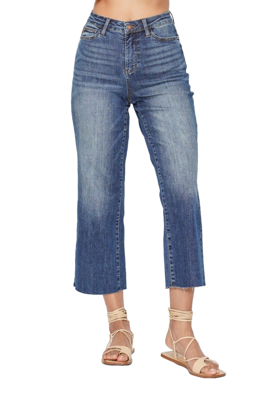 Judy Blue Women's High Waist Back Pocket Embroidery Crop Wide Leg Jeans