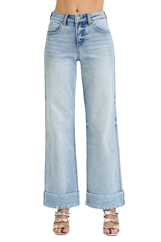 Tummy Control High Rise Ankle Wide Cuffed Jeans | Slimming Trendy Fit