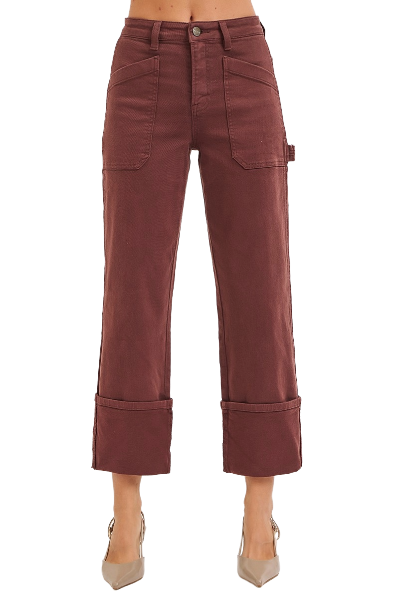 Dreamkue-Risen Women's High Rise Wide Leg Straight Cuffed Patch Jeans Stretch Denim Trendy Casual Pants