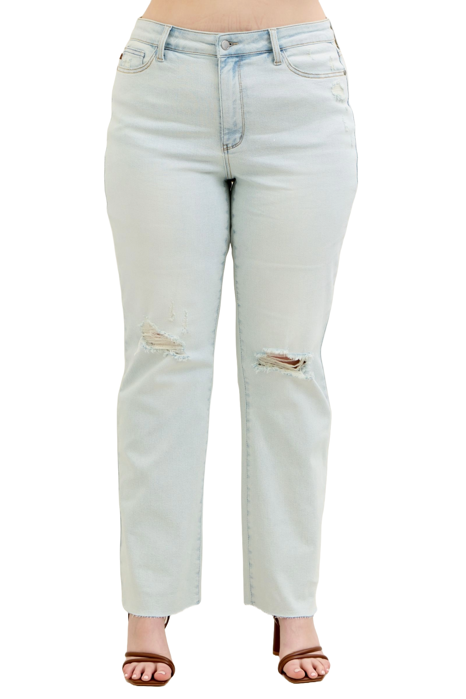 Judy Blue Women's High Waist Destroyed Bootcut Jeans with Frayed Hem Stretch Denim.