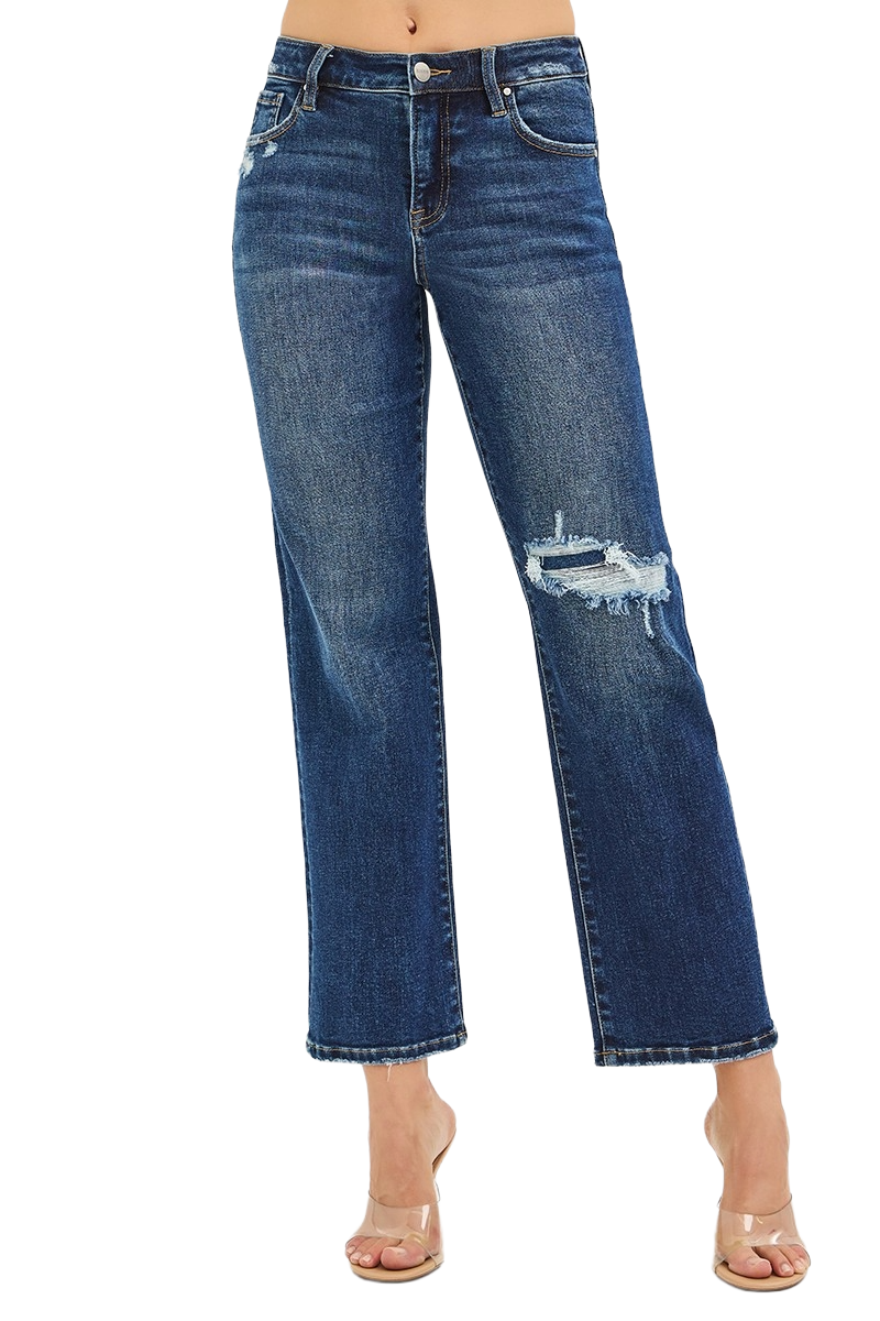 Risen Women's High Rise Crop Slim Straight Jeans with Hidden Knee Patch