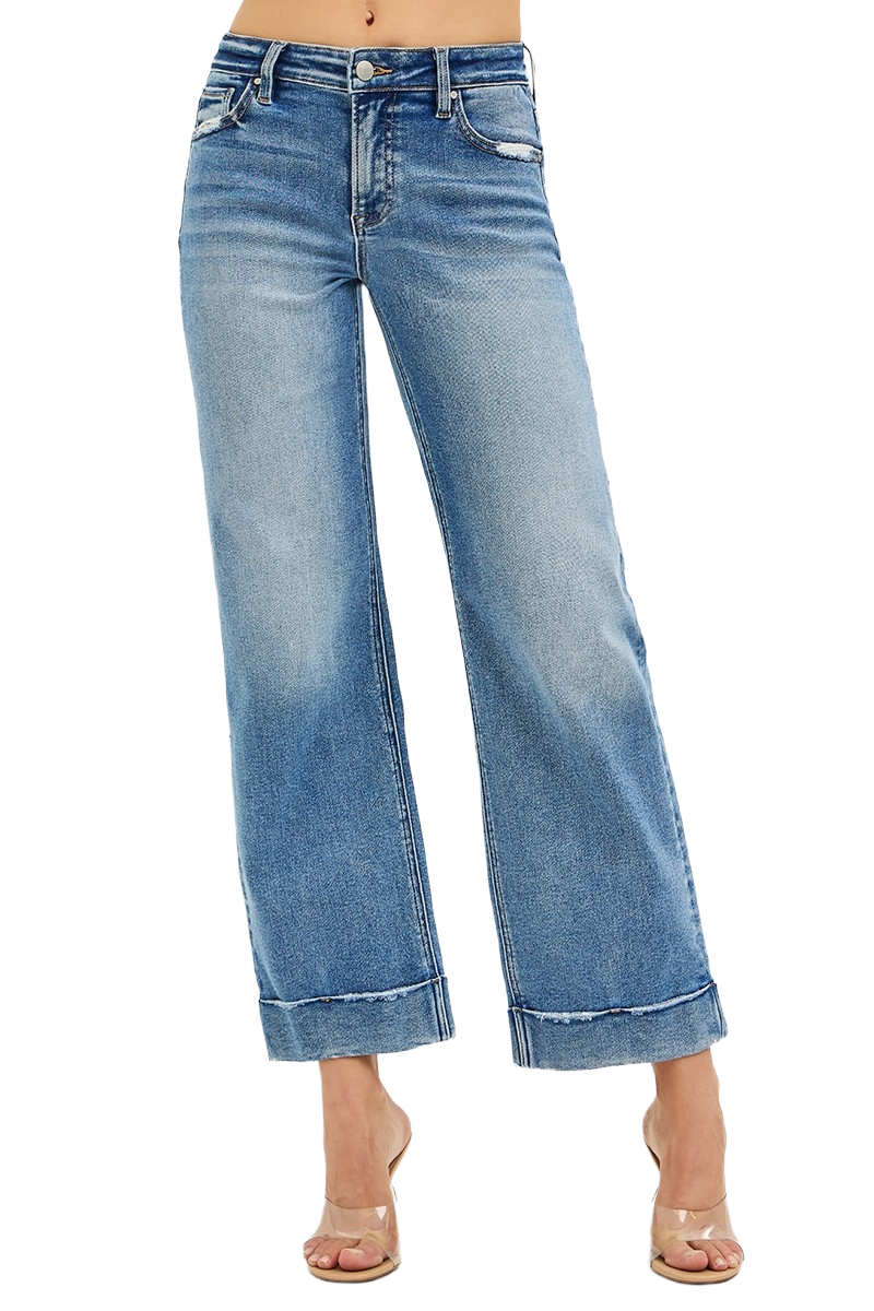 Dreamkue-Risen Women's Mid Rise Crop Straight Taylor Cuffed Jeans Casual Stretch Denim Pants