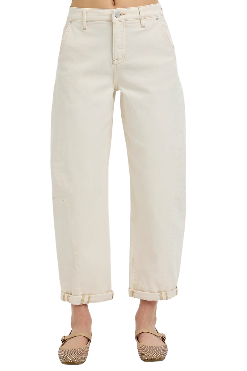 Risen Women's High Rise Relaxed Barrel Cuffed Jeans Denim