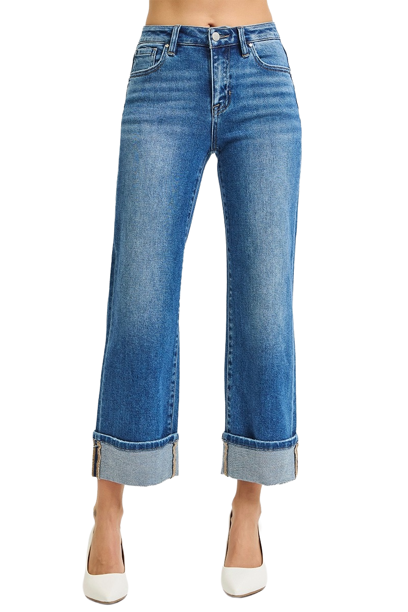 Dreamkue-Risen Women's Mid Rise Cropped Straight Leg Cuffed Jeans Stretch Denim Casual Fit