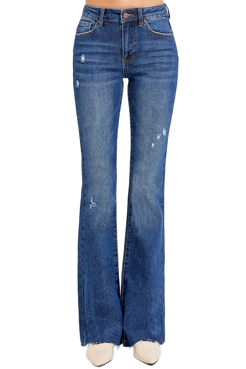 Risen Women's Distressed Mid Rise Flare Plus Jeans