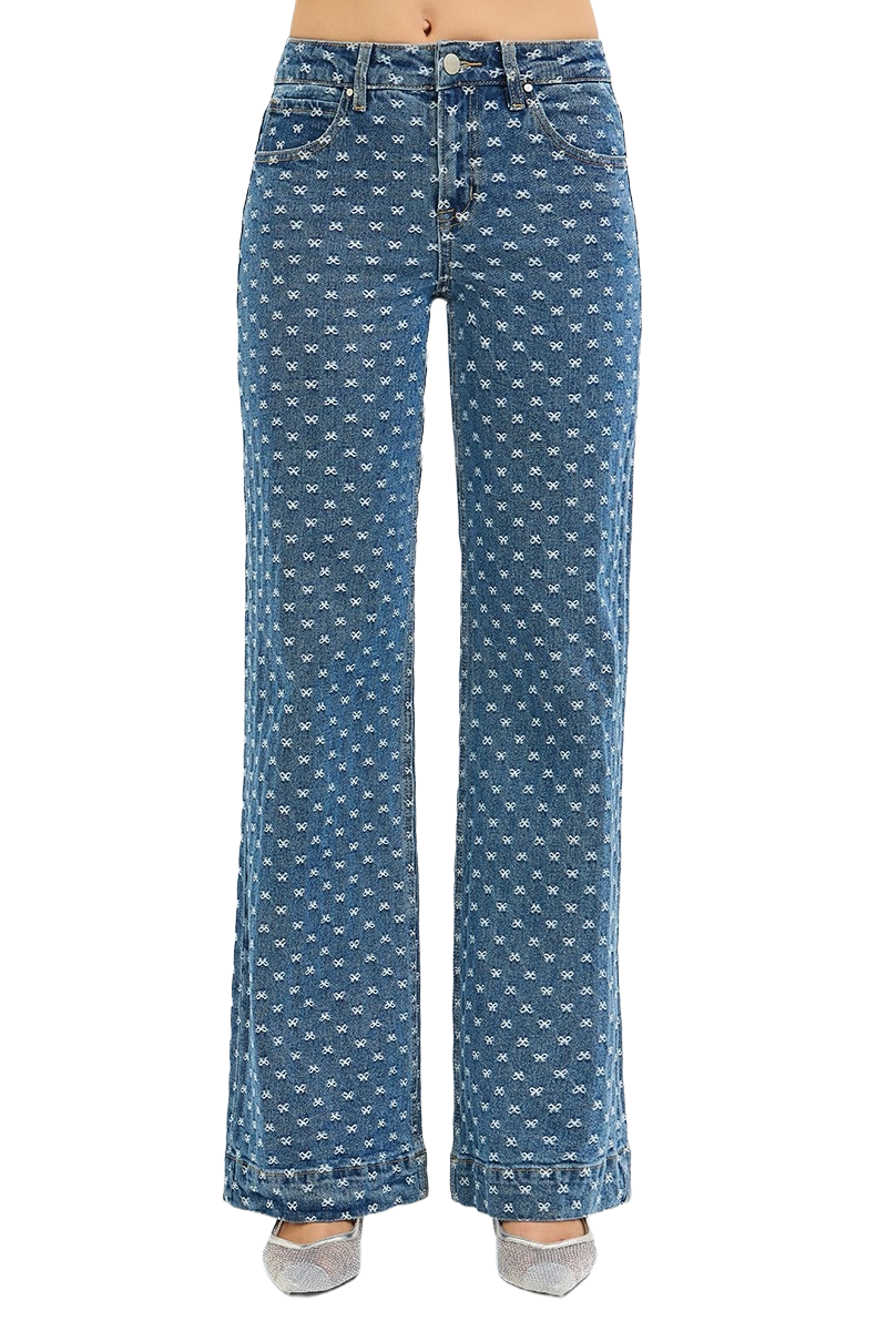 High Rise Wide Leg Bow Embroidered Jeans | Feminine Trendy Denim