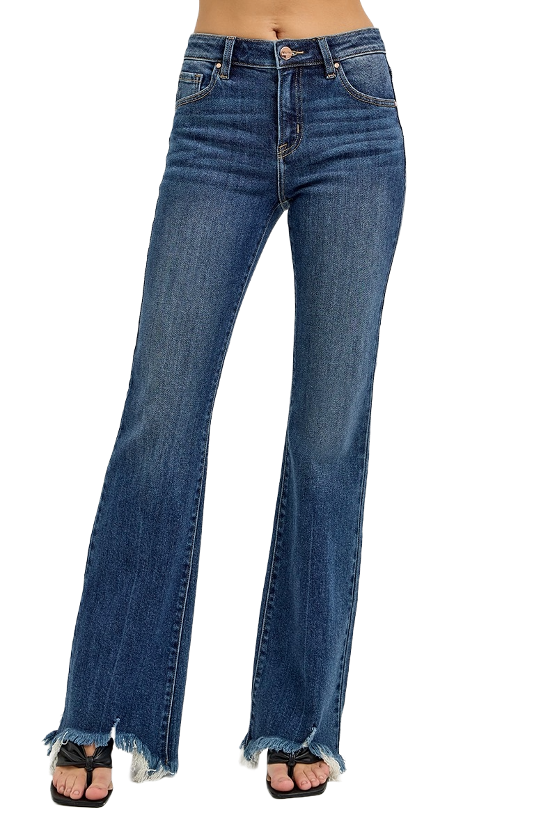 Risen women's Mid Rise Flare Jeans with Frayed Hem Trendy pants