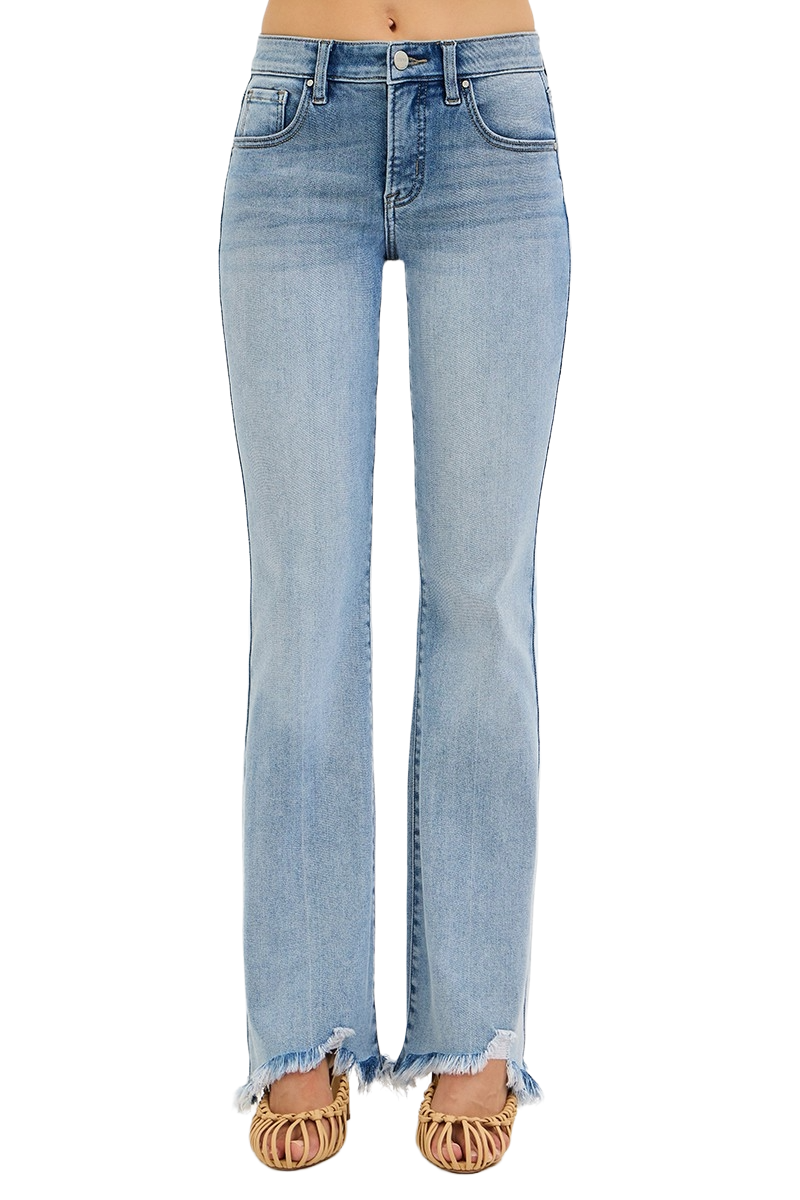 Mid Rise Flare Jeans with Tummy Control & Fray Hem | Trendy Fit