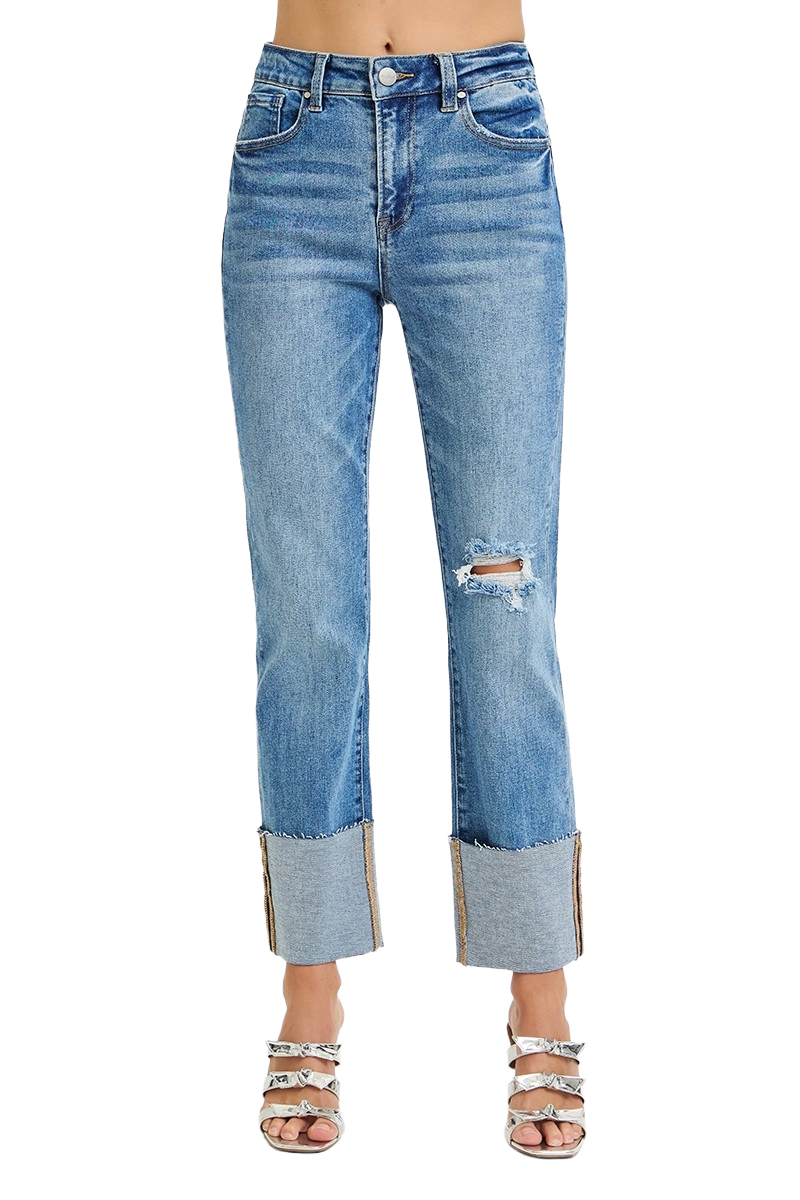 High Rise Ankle Straight Wide Cuffed Jeans | Modern Chic Denim