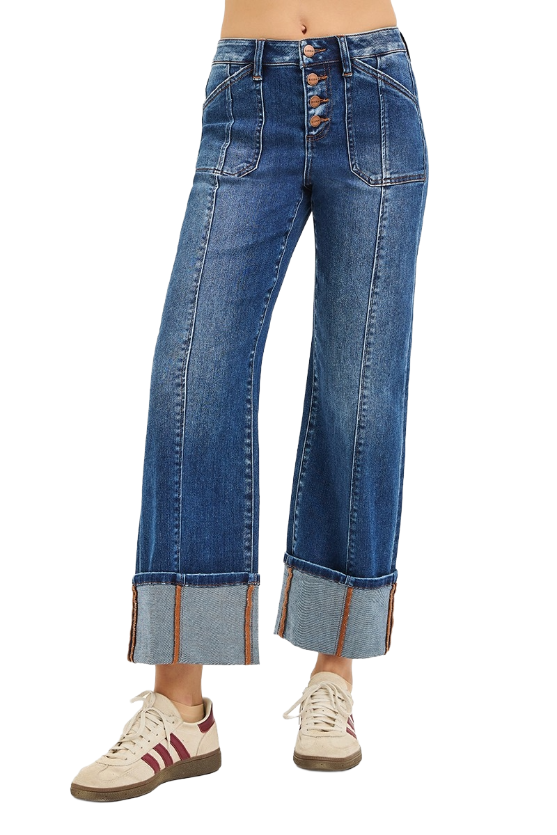 Dreamkue-Risen Women's High Rise Crop Wide Straight Cuffed Jeans Plus Size