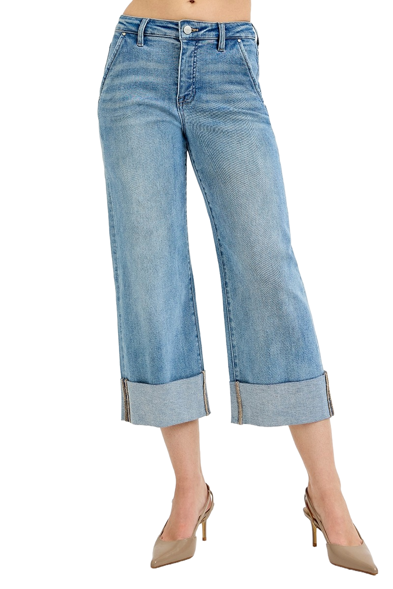 Dreamkue-Risen Women's High Rise Tummy Control Ankle Jeans with Wide Cuffed Hem
