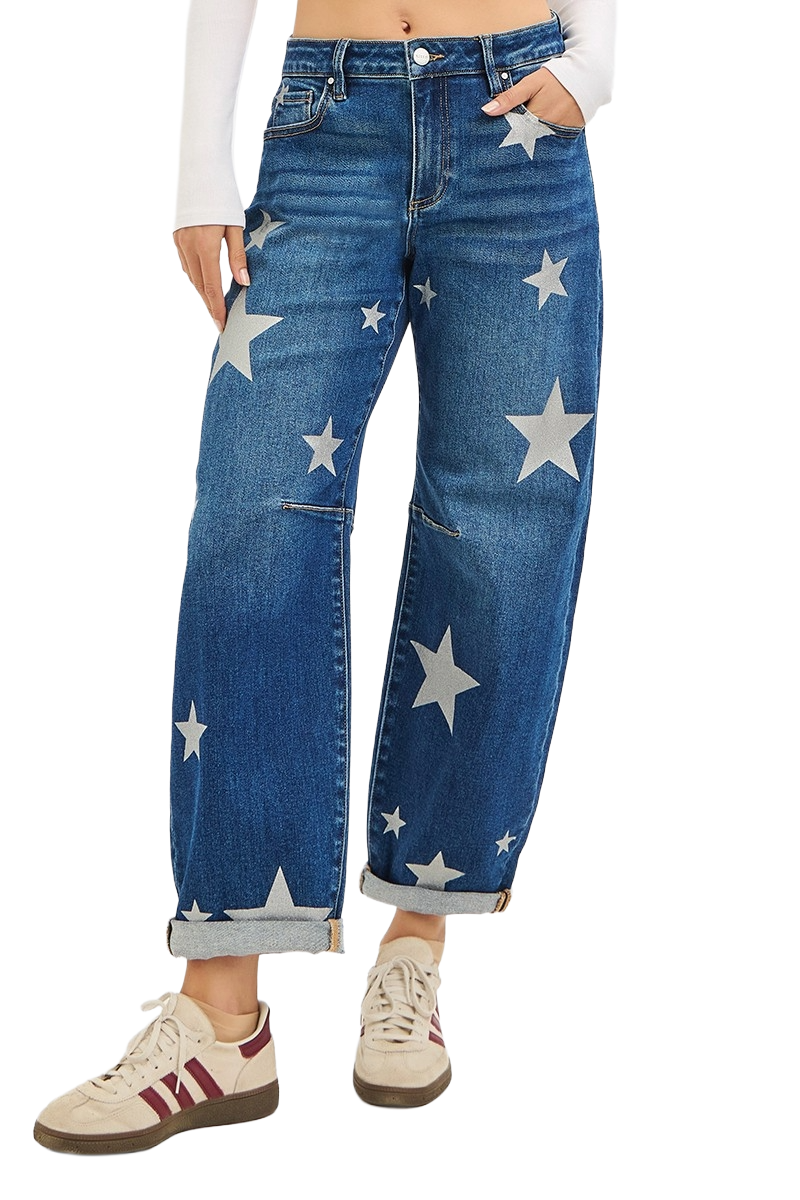 Dreamkue-Risen Women's Ankle Length Relaxed Barrel Star Print Jeans Trendy Casual Denim Pants