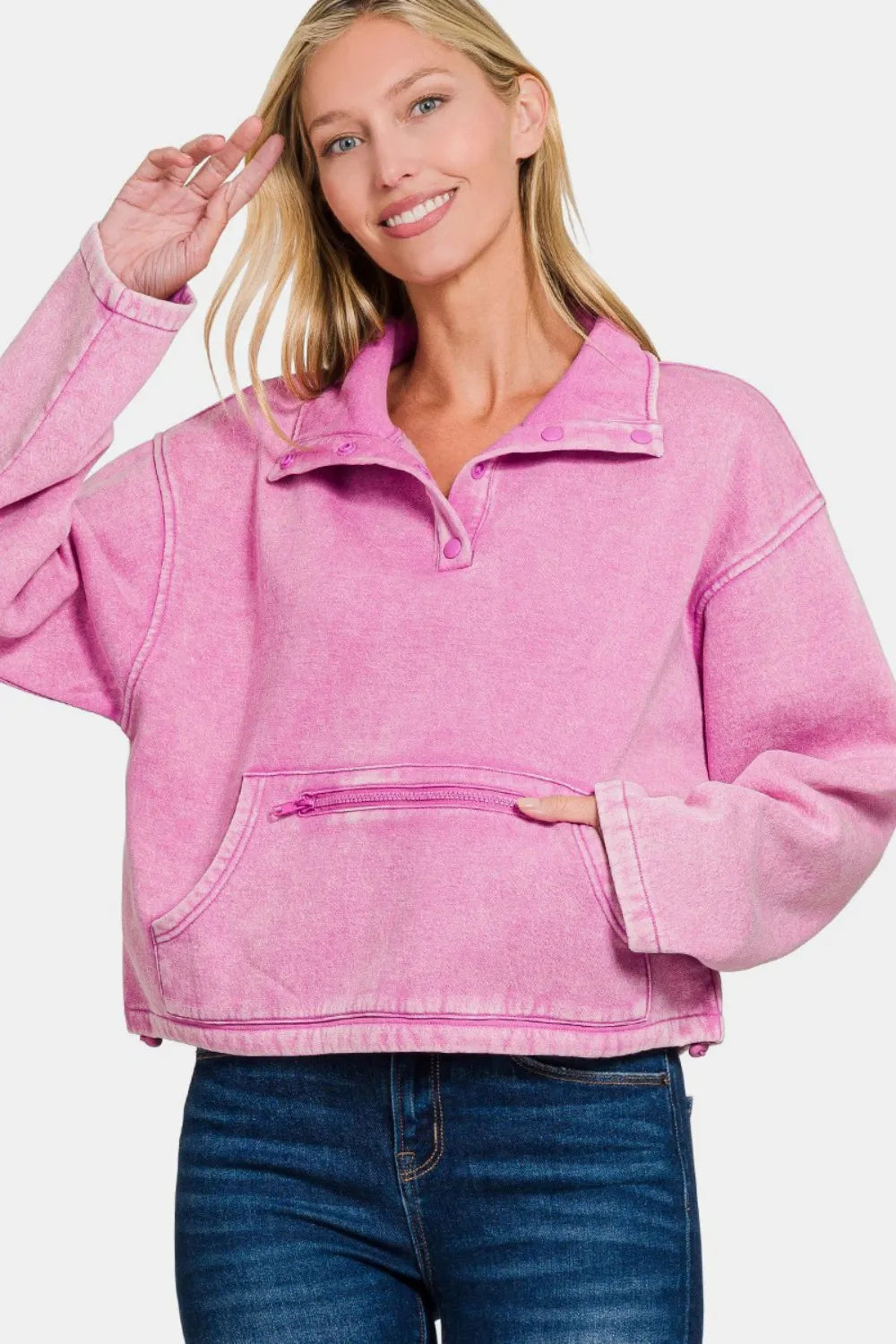 Acid Wash Fleece Half Snap Pullover – Cozy Women’s Casual Sweatshirt