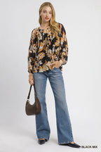 Autumn Leaf Print Chiffon Blouse – Long Balloon Sleeve Casual Top