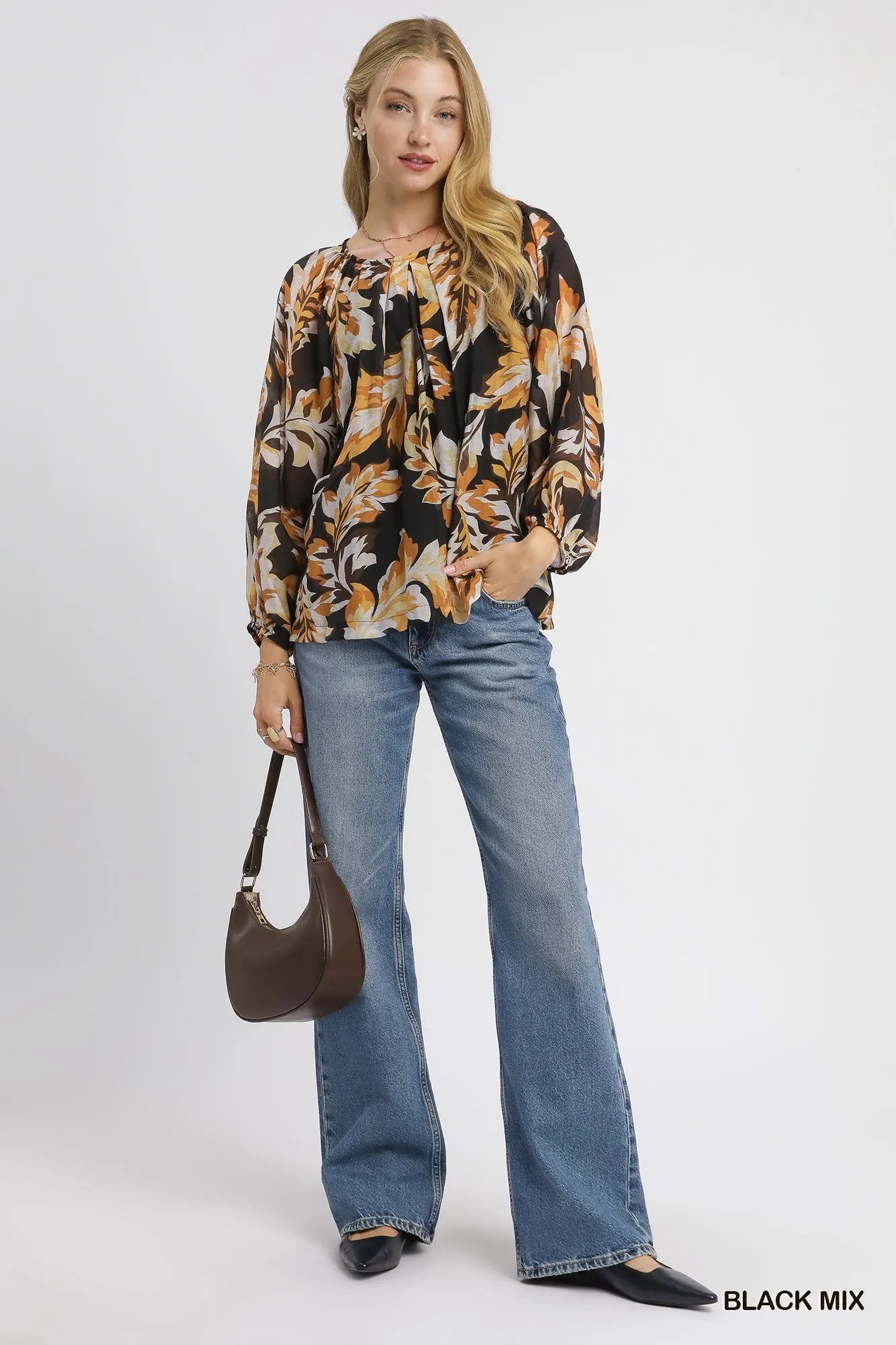 Autumn Leaf Print Chiffon Blouse – Long Balloon Sleeve Casual Top