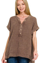Brown Textured Gauze Henley Blouse – Short Sleeves & High-Low Hem