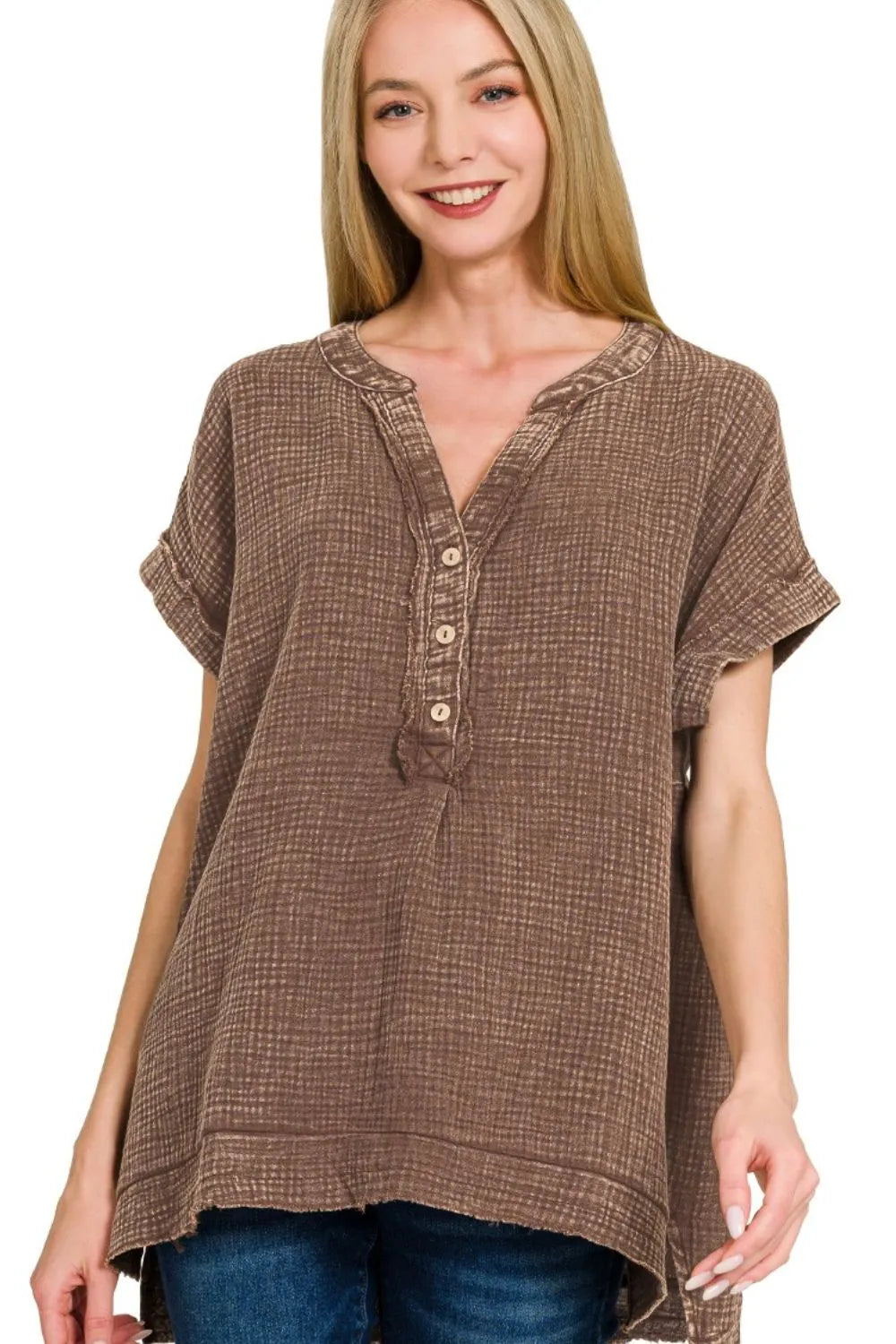 Brown Textured Gauze Henley Blouse – Short Sleeves & High-Low Hem