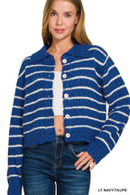 Cropped striped cardigan with point collar and round buttons, navy and taupe