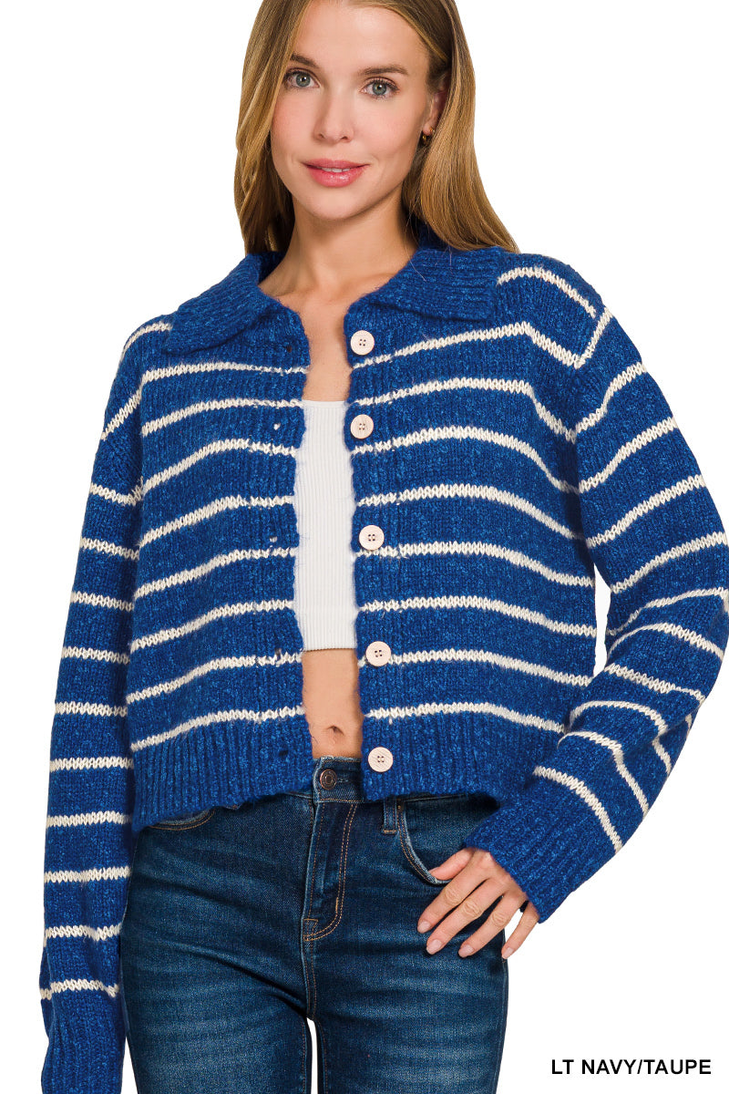 Cropped striped cardigan with point collar and round buttons, navy and taupe