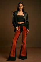 Suede Bell Bottom Pants – Luxe Copper Flare for Chic Retro Style