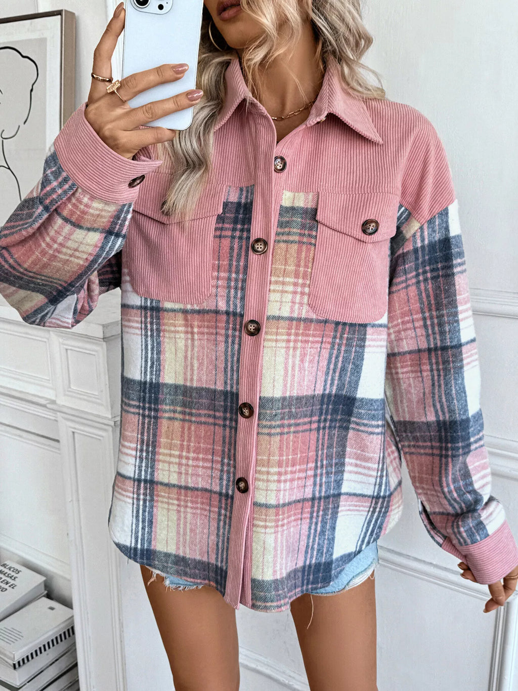 Plaid Button-Up Shacket with Chest Pockets – Cozy Casual Layer