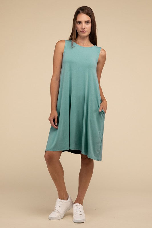 Zenana Sleeveless Flared Dress with Side Pockets