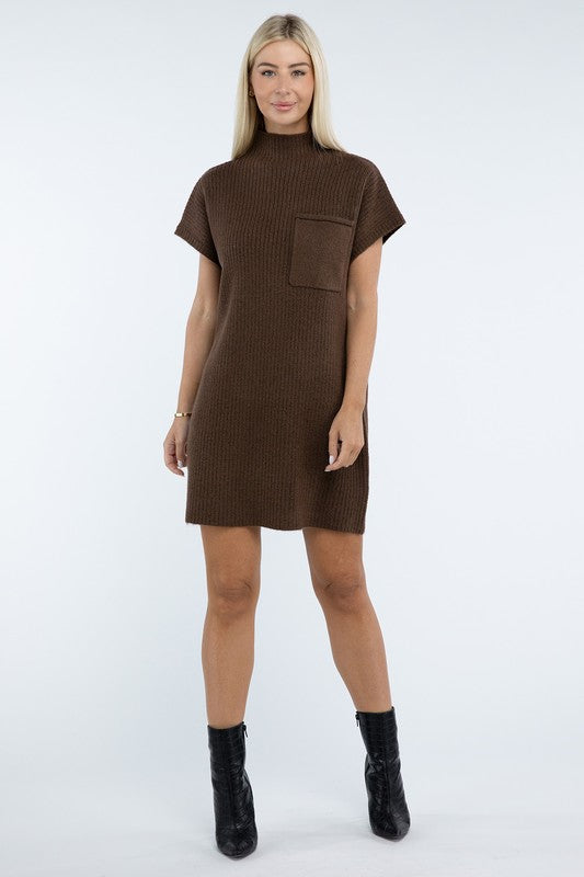 Zenana Mock Neck Short Sleeve Sweater Dress with Pocket