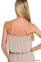 Back of strapless ash mocha crinkle maxi dress with gathered ruffle trim and tiered skirt