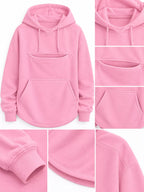 Pink cat pouch drawstring hoodie details: hood, drawstrings, pouch pocket, cuffs
