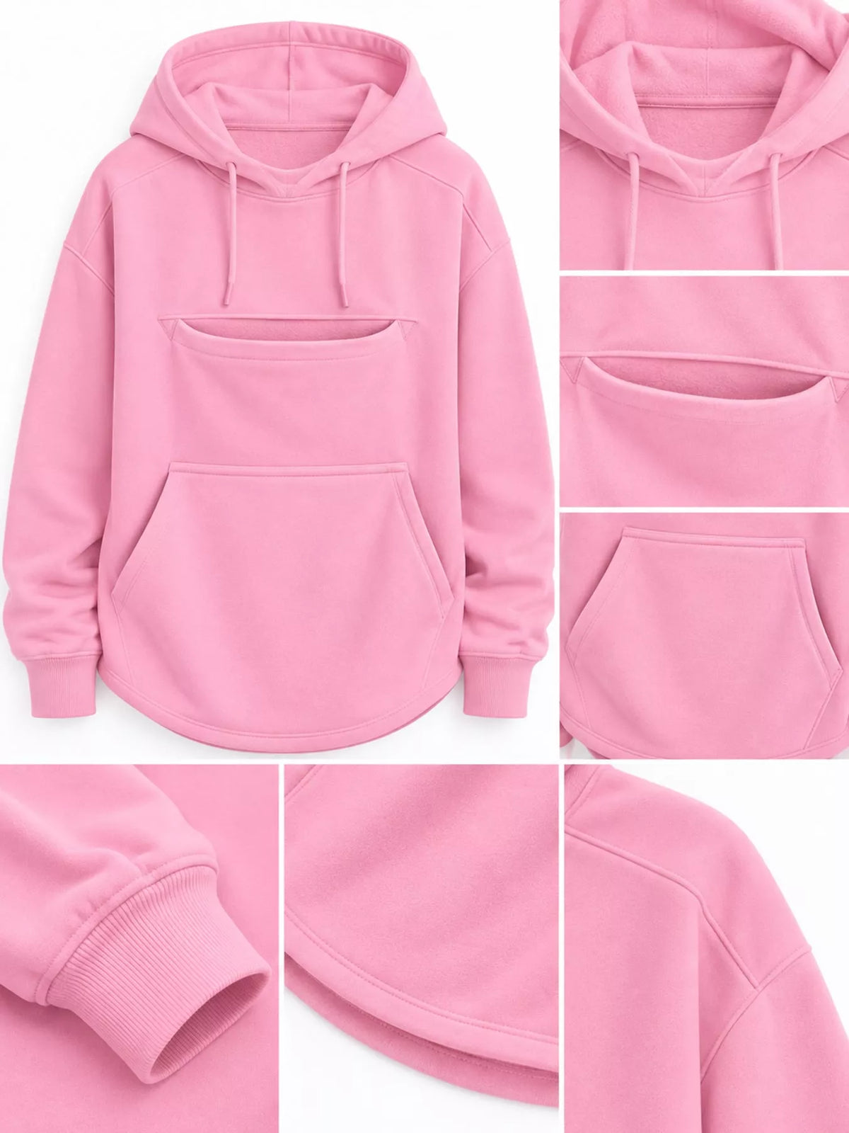 Pink cat pouch drawstring hoodie details: hood, drawstrings, pouch pocket, cuffs