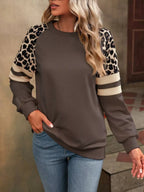 Leopard Round Neck Raglan Sleeve Sweatshirt – Trendy Casual Style