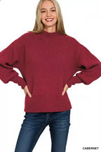 Zenana Balloon Sleeve Mock Neck Sweater – Chic Cozy Elegance