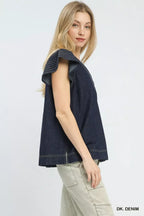 Dark denim cap-sleeve top with V-neck and stitched seam details