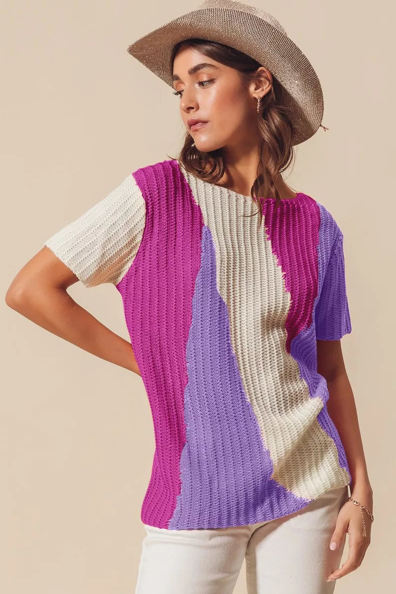 Colorblock Pullover Sweater – Vibrant Striped Short Sleeve Knit