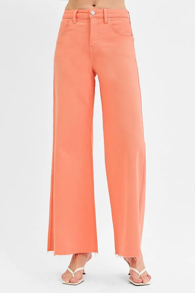 Coral Pink Wide Leg Jeans – High Waist Stretch Denim