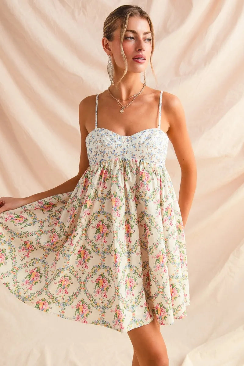 Romantic Floral Cami Dress with Lace Trim & Tiered Ruffle Skirt