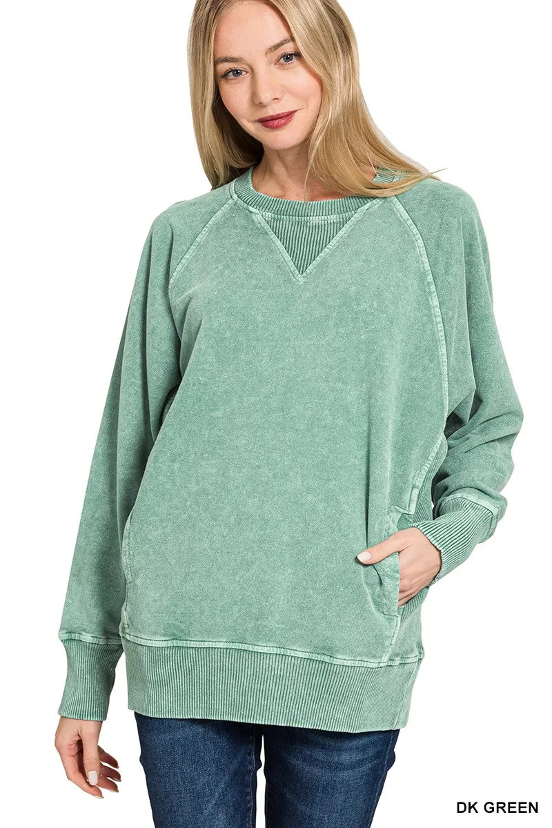 Zenana Halo Snow Washed French Terry Round Neck Sweatshirt