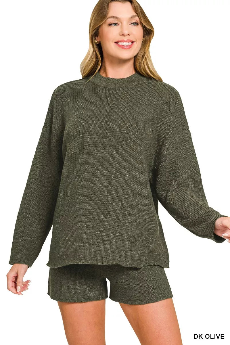 Zenana Knit Top & Shorts Sweater Set – Cozy Chic Round Neck Style