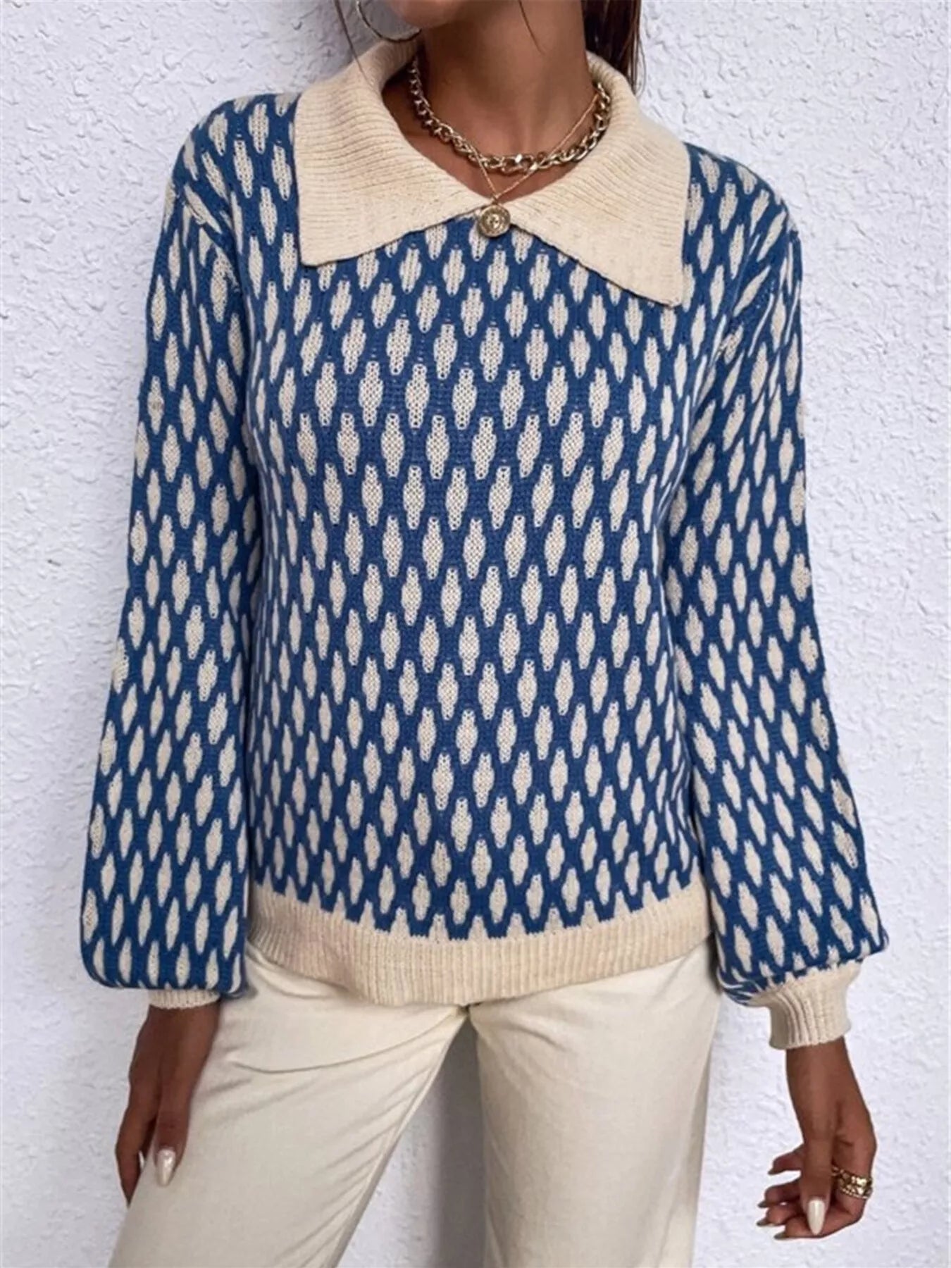 Diamond Pattern Peter Pan Collar Sweater – Chic Vintage Knit