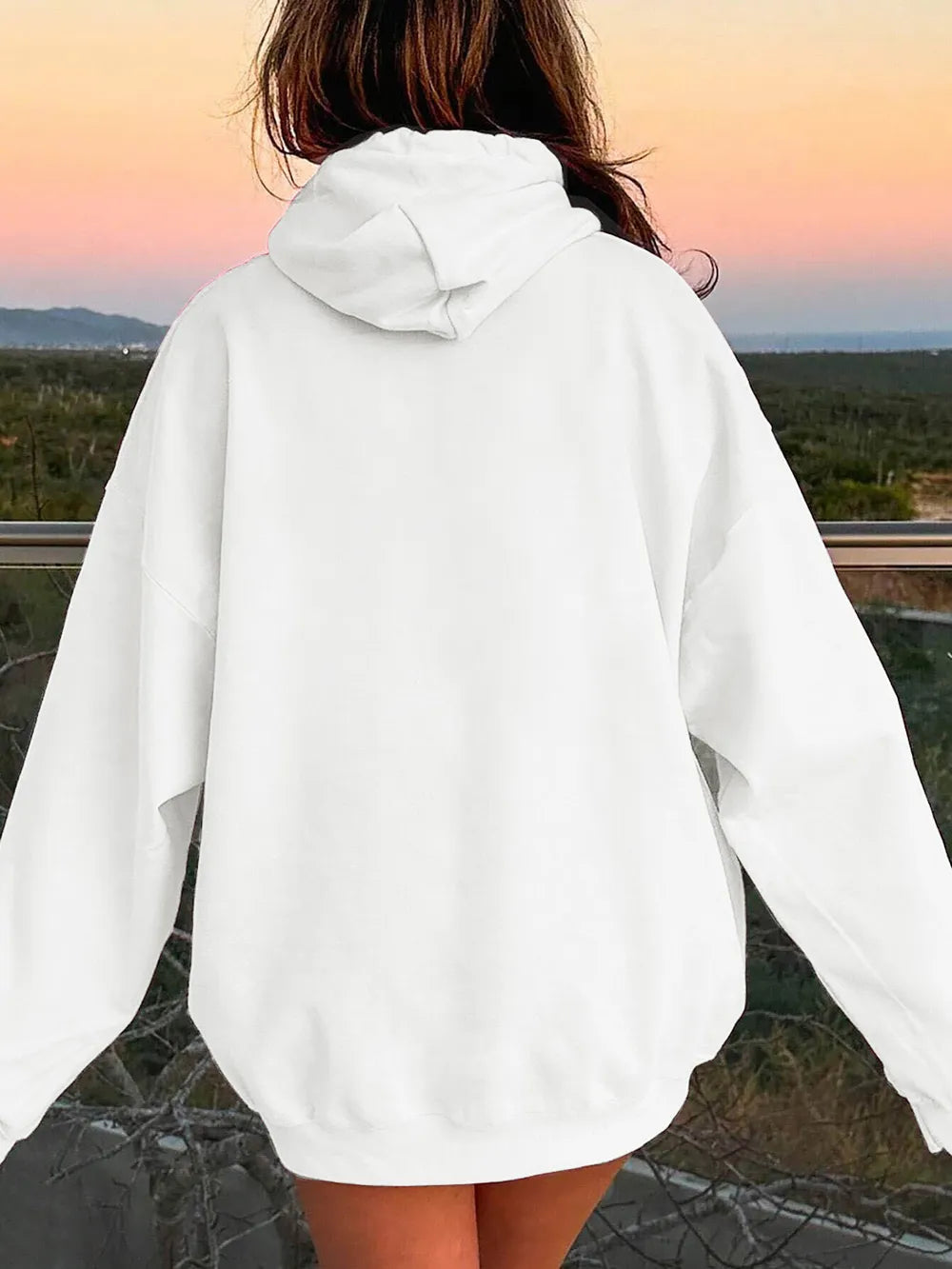 White back view hoodie with drawstring hood and relaxed dropped-shoulder fit