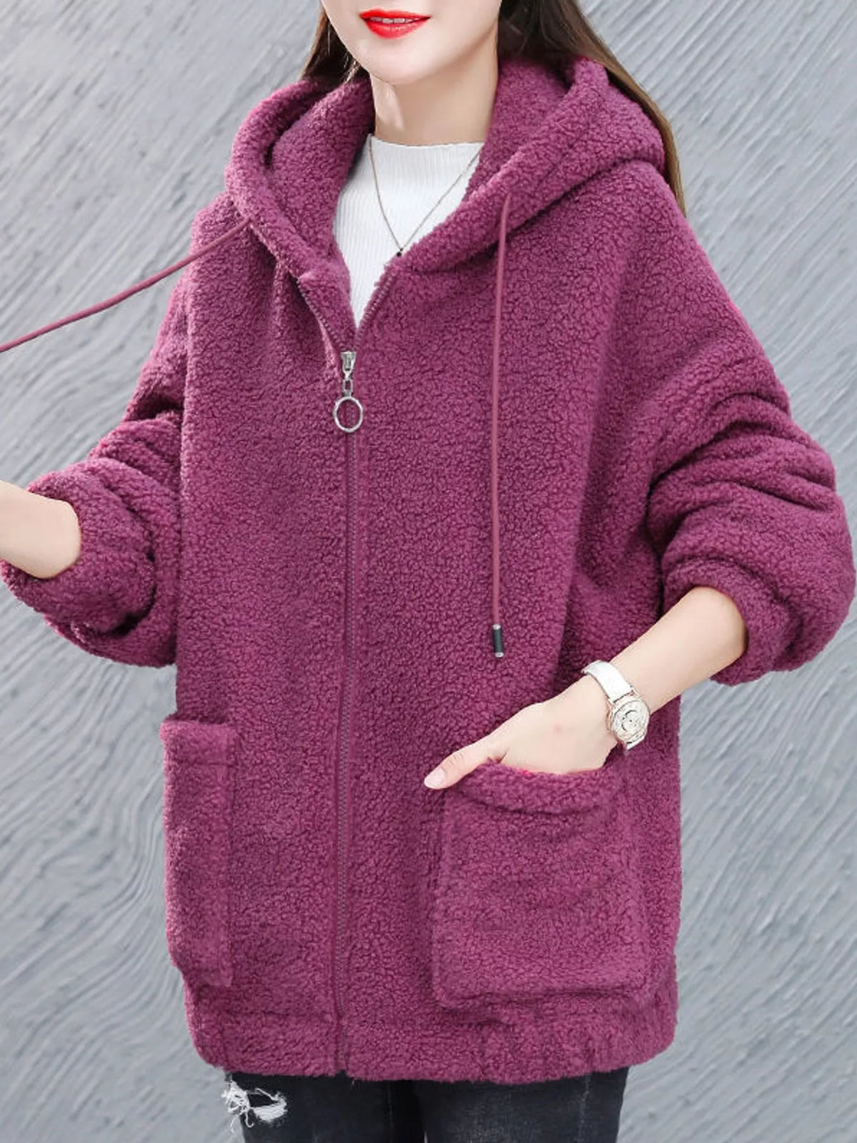 Rose red fleece zip-up hoodie with hood, front zipper, and large patch pockets