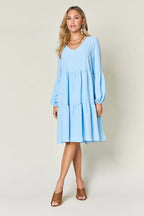 V-Neck Balloon Sleeve Tiered Dress – Flowy, Chic & With Pockets