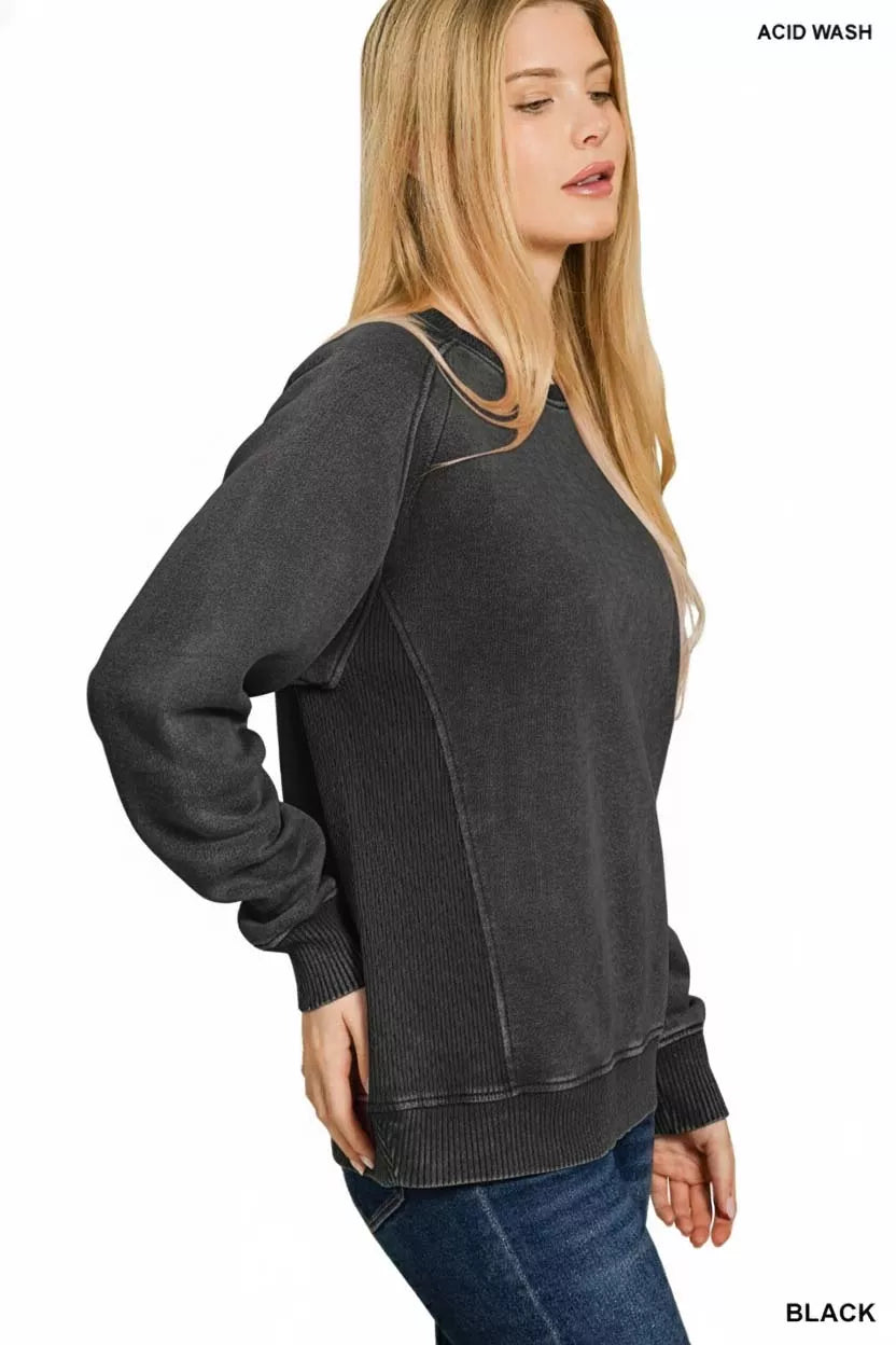 Zenana Acid Washed Fleece Sweatshirt – Soft Vintage Style with Side Rib