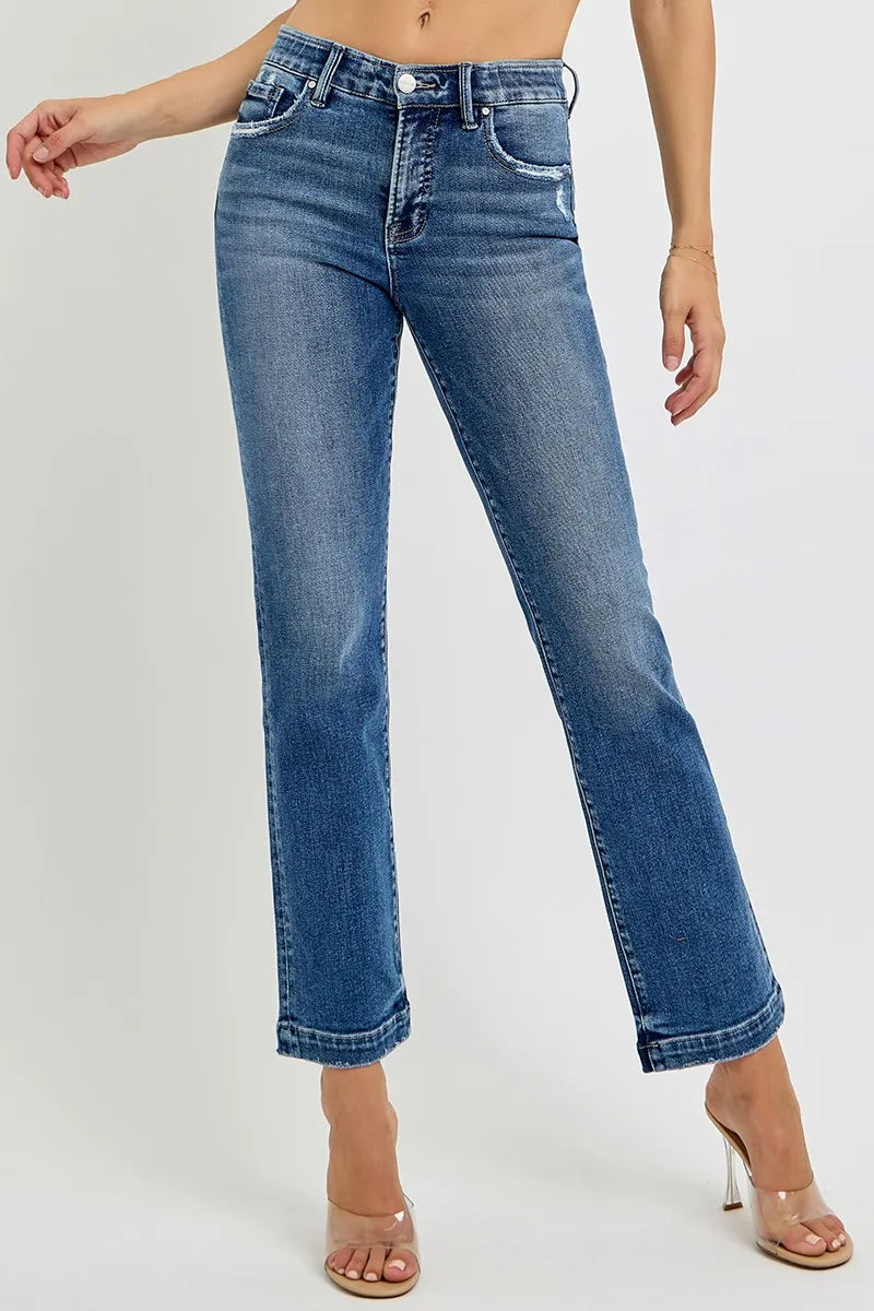 Dreamkue-Risen Women's Tummy Control Mid Rise Straight Jeans with Elastic Waistband