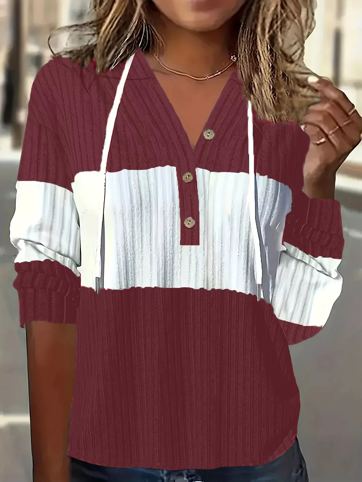 Color Block Drawstring Long Sleeve Hoodie – Casual Cozy Pullover